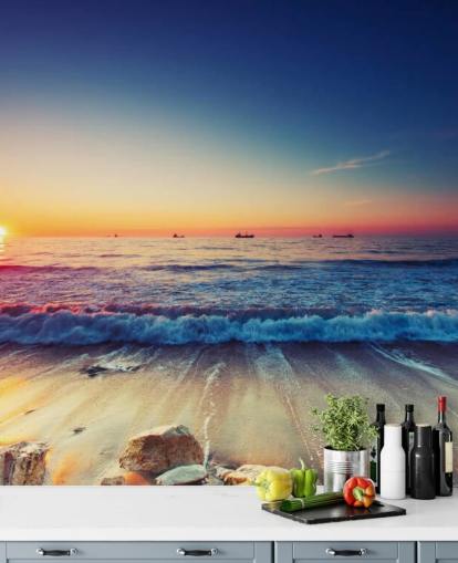 orange and blue sunset wallpaper mural called Colorful Sunrise Over the Sea for bedrooms, home offices and living rooms