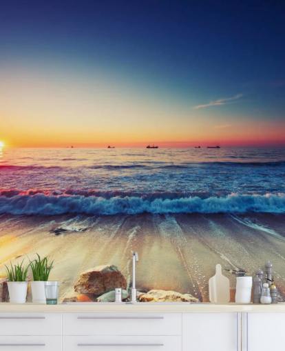 orange and blue sunset wallpaper mural called Colorful Sunrise Over the Sea for bedrooms, home offices and living rooms