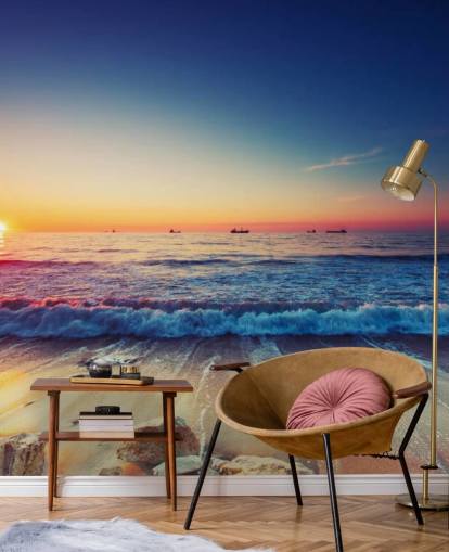 orange and blue sunset wallpaper mural called Colorful Sunrise Over the Sea for bedrooms, home offices and living rooms