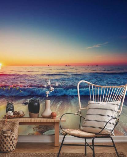orange and blue sunset wallpaper mural called Colorful Sunrise Over the Sea for bedrooms, home offices and living rooms