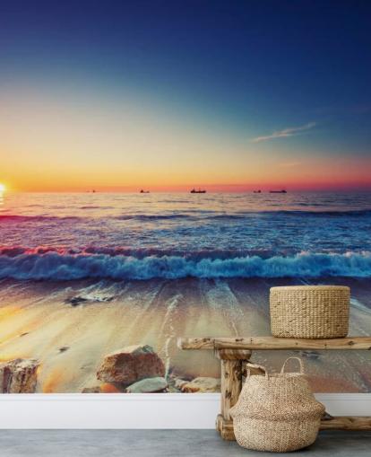 orange and blue sunset wallpaper mural called Colorful Sunrise Over the Sea for bedrooms, home offices and living rooms