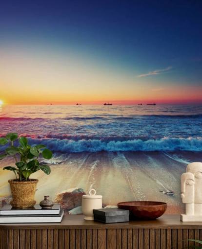 carta da parati murale arancione e blu con tramonto chiamato Colourful Sunrise Over the Sea per camere da letto, uffici domestici e salotti