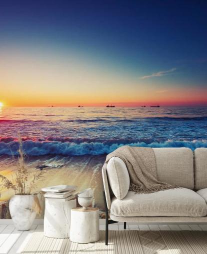 carta da parati murale arancione e blu con tramonto chiamato Colourful Sunrise Over the Sea per camere da letto, uffici domestici e salotti