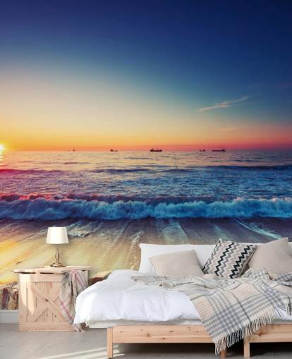 mural de papel pintado naranja y azul al atardecer llamado Colourful Sunrise Over the Sea para dormitorios, oficinas en casa y salas de estar