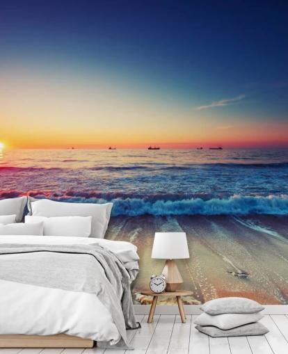 mural de papel pintado naranja y azul al atardecer llamado Colourful Sunrise Over the Sea para dormitorios, oficinas en casa y salas de estar