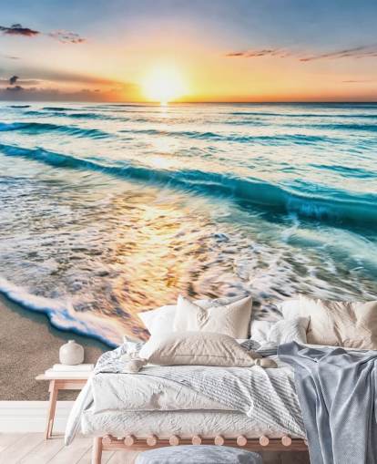 tilpassbart strandtapet veggmaleri kalt Cancun Beach Sunrise, Mexico for kontorer eller bad