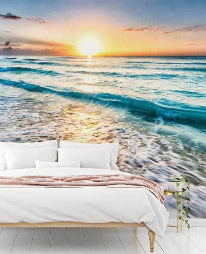 aanpasbare strandbehangmuurschildering genaamd Cancun Beach Sunrise, Mexico voor kantoren of badkamers aanpasbare strandbehangmuurschildering genaamd Cancun Beach Sunrise, Mexico voor kantoren of badkamers