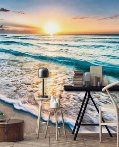 tilpassbart strandtapet veggmaleri kalt Cancun Beach Sunrise, Mexico for kontorer eller bad