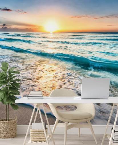 mural de papel pintado de playa personalizable llamado Cancun Beach Sunrise, México, para oficinas o baños