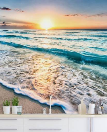 carta da parati da spiaggia personalizzabile chiamata Cancun Beach Sunrise, Messico per uffici o bagni