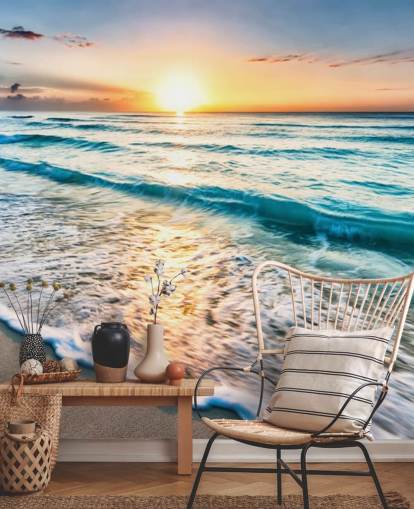 mural de papel pintado de playa personalizable llamado Cancun Beach Sunrise, México, para oficinas o baños