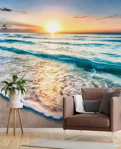 carta da parati da spiaggia personalizzabile chiamata Cancun Beach Sunrise, Messico per uffici o bagni