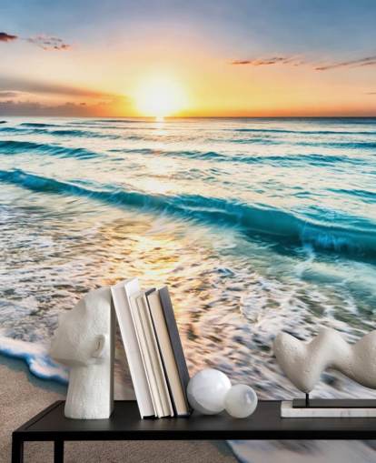 mukautettava rantatapetti seinämaalaus nimeltä Cancun Beach Sunrise, Meksiko toimistoihin tai kylpyhuoneisiin