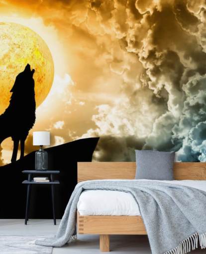 Huilende Wolf bij zonsondergang behang Huilende Wolf bij zonsondergang behang