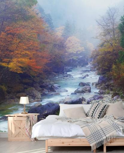 Nebliger Herbst-Fluss-Tapete Nebliger Herbst-Fluss-Tapete