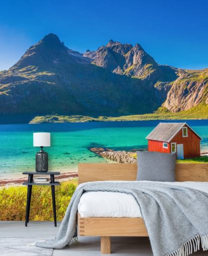 Beach Mountain View with Red Hut Wallpaper