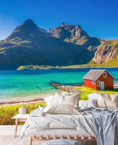 Beach Mountain View with Red Hut Wallpaper