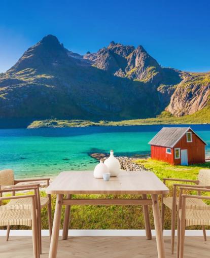 Beach Mountain View with Red Hut Wallpaper