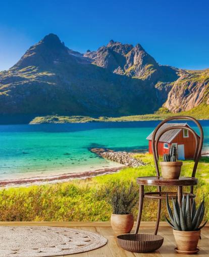 Beach Mountain View med Red Hut Baggrund