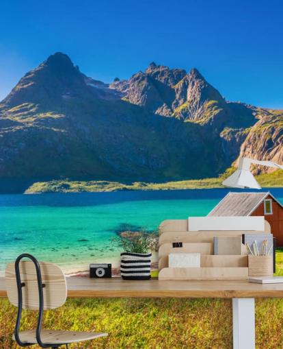 Beach Mountain View med Red Hut Baggrund