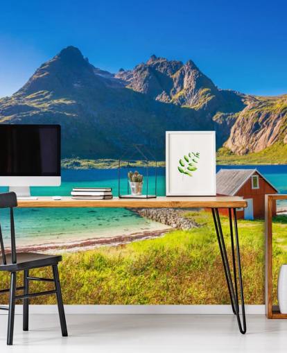Beach Mountain View with Red Hut Wallpaper