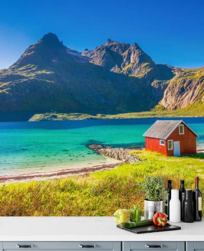 Beach Mountain View with Red Hut Wallpaper