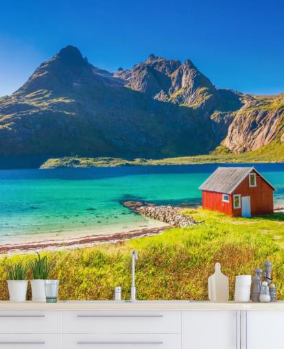 Beach Mountain View with Red Hut Wallpaper