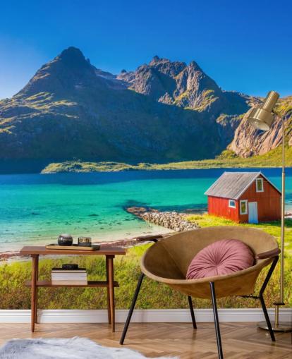 Beach Mountain View med Red Hut Baggrund