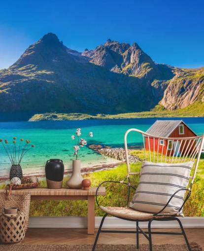 Beach Mountain View med Red Hut Baggrund Beach Mountain View med Red Hut Baggrund