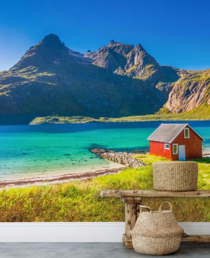 Beach Mountain View with Red Hut Wallpaper