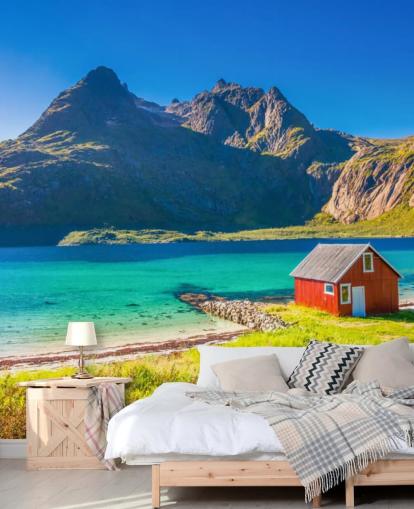 Uitzicht op het strand met Red Hut Behang Uitzicht op het strand met Red Hut Behang