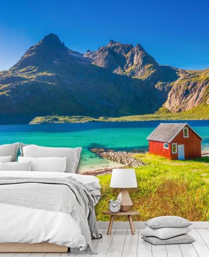 Beach Mountain View with Red Hut Wallpaper