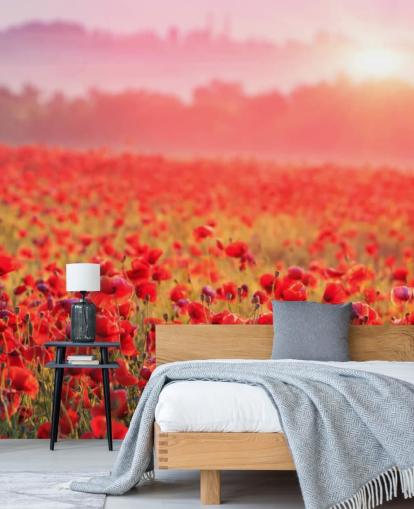 punainen kukka-taustakuvamaalaus nimeltä Red Poppy Sunrise oleskelutiloihin ja makuuhuoneisiin punainen kukka-taustakuvamaalaus nimeltä Red Poppy Sunrise oleskelutiloihin ja makuuhuoneisiin