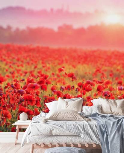 rotes Blumentapetenwandbild namens Red Poppy Sunrise für Lounges und Schlafzimmer
