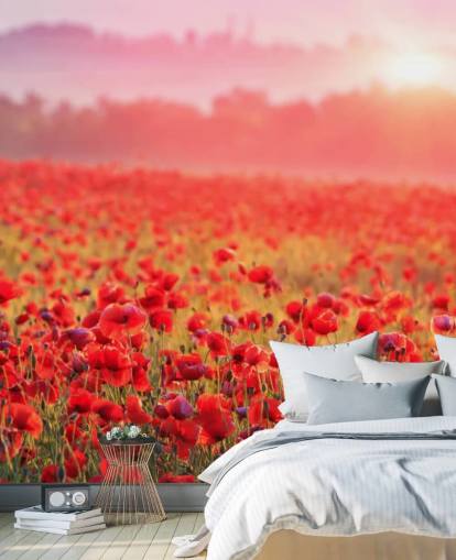 rødt blomstertapet vægmaleri kaldet Red Poppy Sunrise til lounger og soveværelser