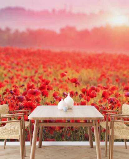 rode bloemenmuurschildering genaamd Red Poppy Sunrise voor lounges en slaapkamers