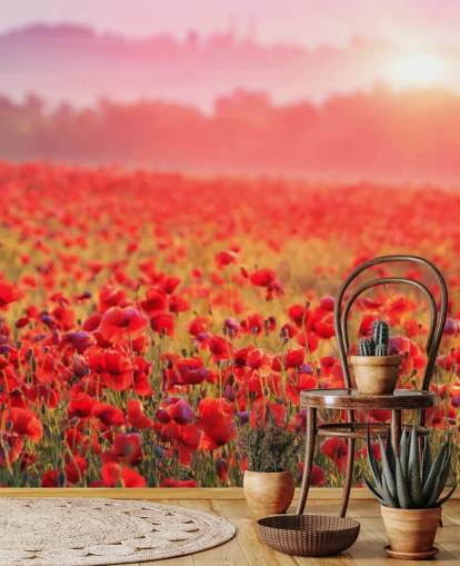 rødt blomstertapet veggmaleri kalt Red Poppy Sunrise for salonger og soverom rødt blomstertapet veggmaleri kalt Red Poppy Sunrise for salonger og soverom