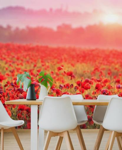 rødt blomstertapet veggmaleri kalt Red Poppy Sunrise for salonger og soverom