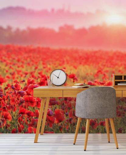 punainen kukka-taustakuvamaalaus nimeltä Red Poppy Sunrise oleskelutiloihin ja makuuhuoneisiin