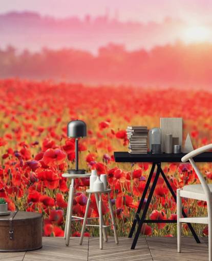 rode bloemenmuurschildering genaamd Red Poppy Sunrise voor lounges en slaapkamers rode bloemenmuurschildering genaamd Red Poppy Sunrise voor lounges en slaapkamers