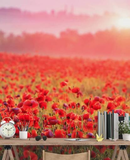 red floral wallpaper mural called Red Poppy Sunrise for lounges and bedrooms red floral wallpaper mural called Red Poppy Sunrise for lounges and bedrooms
