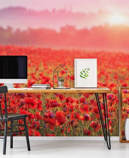 rødt blomstertapet veggmaleri kalt Red Poppy Sunrise for salonger og soverom