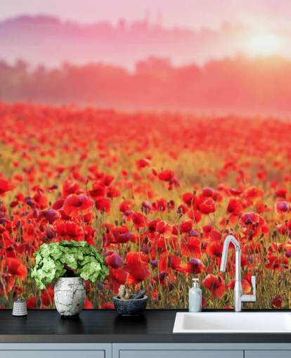 mural de papel pintado floral rojo llamado Red Poppy Sunrise para salones y dormitorios