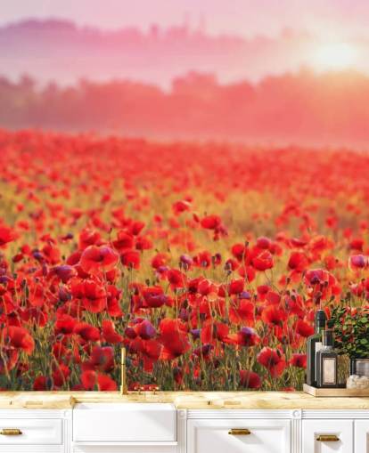 mural de papel pintado floral rojo llamado Red Poppy Sunrise para salones y dormitorios