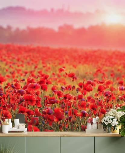 red floral wallpaper mural called Red Poppy Sunrise for lounges and bedrooms
