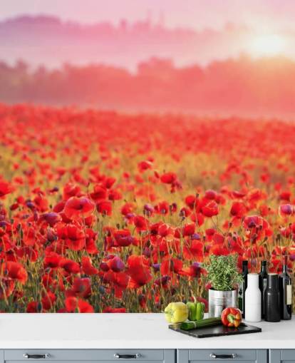 punainen kukka-taustakuvamaalaus nimeltä Red Poppy Sunrise oleskelutiloihin ja makuuhuoneisiin punainen kukka-taustakuvamaalaus nimeltä Red Poppy Sunrise oleskelutiloihin ja makuuhuoneisiin