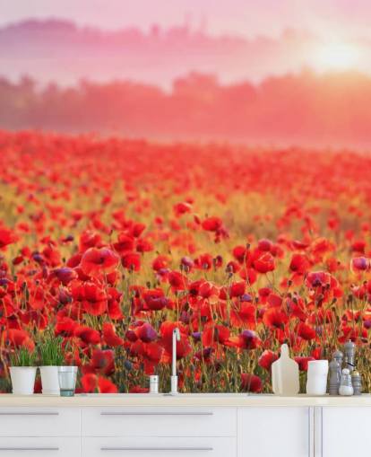 mural de papel de parede floral vermelho chamado Red Poppy Sunrise para salões e quartos
