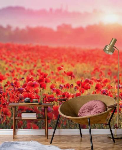 mural de papel de parede floral vermelho chamado Red Poppy Sunrise para salões e quartos