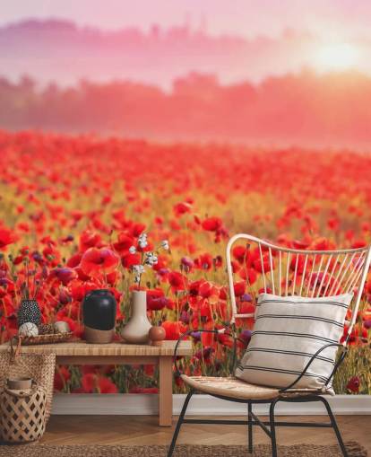 rødt blomstertapet veggmaleri kalt Red Poppy Sunrise for salonger og soverom