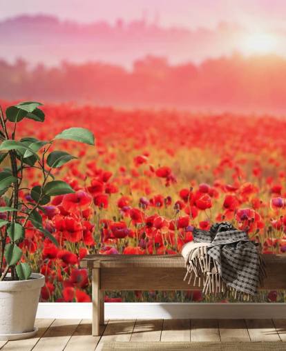mural de papel pintado floral rojo llamado Red Poppy Sunrise para salones y dormitorios